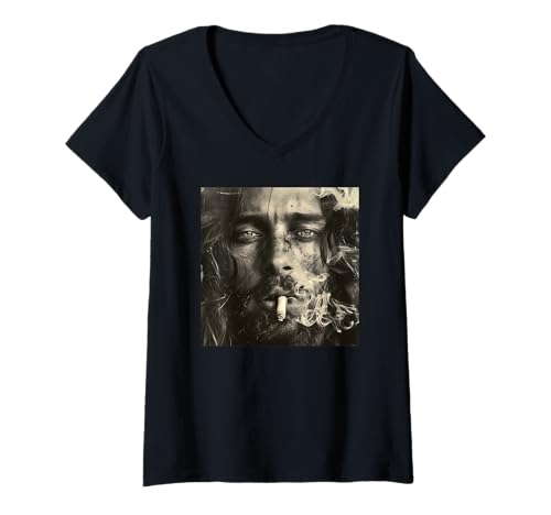 Damen Cooler Jesus Christus raucht, Widerstand, Rebellischer Jesus T-Shirt mit V-Ausschnitt Damen Cooler Jesus Christus raucht, Widerstand, Rebellischer Jesus T-Shirt mit V-Ausschnitt von Widerstand, Rebellen Outfit