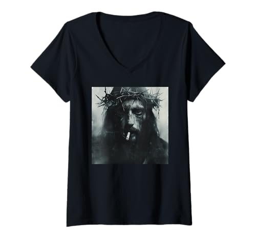 Damen Cooler Jesus Christus raucht, Widerstand, Rebellischer Jesus T-Shirt mit V-Ausschnitt Damen Cooler Jesus Christus raucht, Widerstand, Rebellischer Jesus T-Shirt mit V-Ausschnitt von Widerstand, Rebellen Outfit