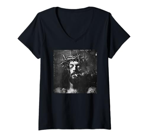 Damen Cooler Jesus Christus raucht, Widerstand, Rebellischer Jesus T-Shirt mit V-Ausschnitt Damen Cooler Jesus Christus raucht, Widerstand, Rebellischer Jesus T-Shirt mit V-Ausschnitt von Widerstand, Rebellen Outfit