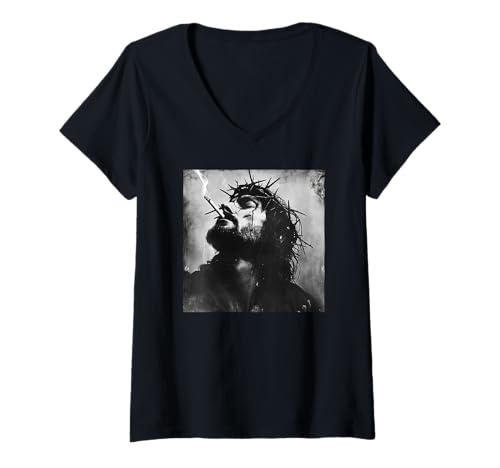 Damen Cooler Jesus Christus raucht, Widerstand, Rebellischer Jesus T-Shirt mit V-Ausschnitt von Widerstand, Rebellen Outfit