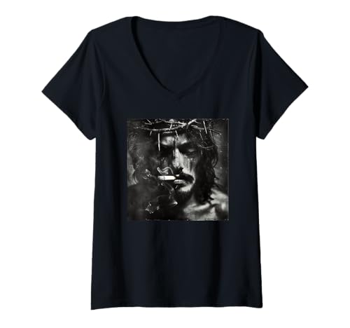 Damen Cooler Jesus Christus raucht, Widerstand, Rebellischer Jesus T-Shirt mit V-Ausschnitt Damen Cooler Jesus Christus raucht, Widerstand, Rebellischer Jesus T-Shirt mit V-Ausschnitt von Widerstand, Rebellen Outfit