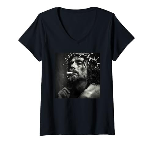 Damen Cooler Jesus Christus raucht, Widerstand, Rebellischer Jesus T-Shirt mit V-Ausschnitt Damen Cooler Jesus Christus raucht, Widerstand, Rebellischer Jesus T-Shirt mit V-Ausschnitt von Widerstand, Rebellen Outfit