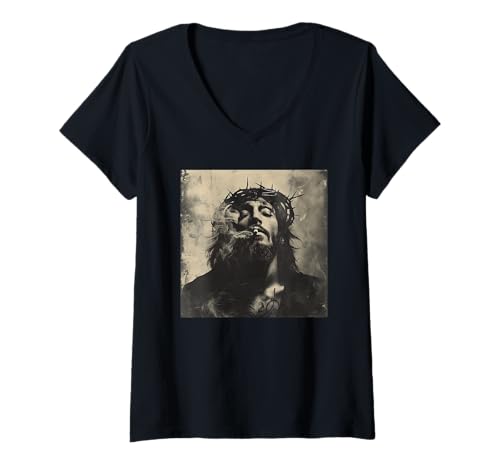 Damen Cooler Jesus Christus raucht, Widerstand, Rebellischer Jesus T-Shirt mit V-Ausschnitt Damen Cooler Jesus Christus raucht, Widerstand, Rebellischer Jesus T-Shirt mit V-Ausschnitt von Widerstand, Rebellen Outfit