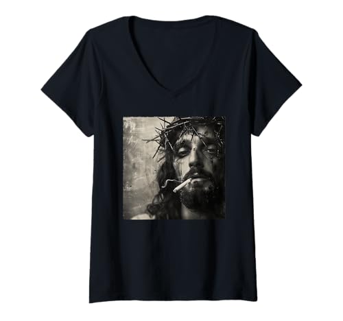 Damen Cooler Jesus Christus raucht, Widerstand, Rebellischer Jesus T-Shirt mit V-Ausschnitt Damen Cooler Jesus Christus raucht, Widerstand, Rebellischer Jesus T-Shirt mit V-Ausschnitt von Widerstand, Rebellen Outfit