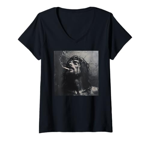 Damen Cooler Jesus Christus raucht, Widerstand, Rebellischer Jesus T-Shirt mit V-Ausschnitt Damen Cooler Jesus Christus raucht, Widerstand, Rebellischer Jesus T-Shirt mit V-Ausschnitt von Widerstand, Rebellen Outfit