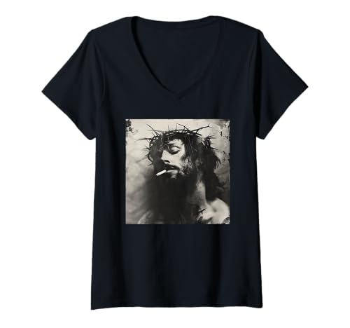 Damen Cooler Jesus Christus raucht, Widerstand, Rebellischer Jesus T-Shirt mit V-Ausschnitt Damen Cooler Jesus Christus raucht, Widerstand, Rebellischer Jesus T-Shirt mit V-Ausschnitt von Widerstand, Rebellen Outfit