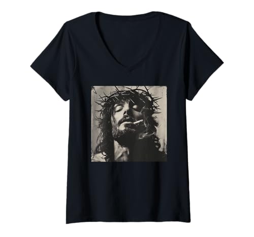 Damen Cooler Jesus Christus raucht, Widerstand, Rebellischer Jesus T-Shirt mit V-Ausschnitt Damen Cooler Jesus Christus raucht, Widerstand, Rebellischer Jesus T-Shirt mit V-Ausschnitt von Widerstand, Rebellen Outfit
