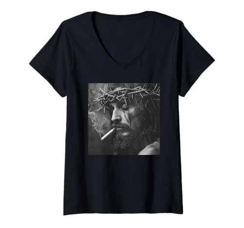 Damen Cooler Jesus Christus raucht, Widerstand, Rebellischer Jesus T-Shirt mit V-Ausschnitt Damen Cooler Jesus Christus raucht, Widerstand, Rebellischer Jesus T-Shirt mit V-Ausschnitt von Widerstand, Rebellen Outfit