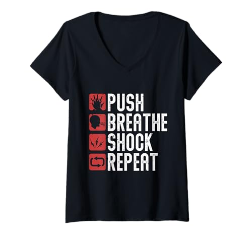 Damen HLW Ausbilder Wiederbelebung Notarzt Push Breathe Shock T-Shirt mit V-Ausschnitt Damen HLW Ausbilder Wiederbelebung Notarzt Push Breathe Shock T-Shirt mit V-Ausschnitt von Wiederbelebungskurs Sanitäter