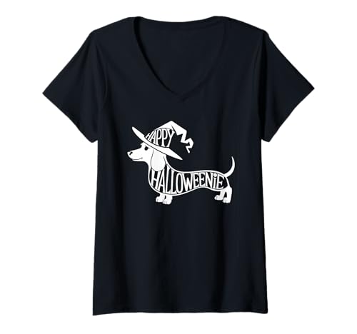 Damen Happy Halloweenie Lustiger Dackel Halloween Wortspiel Wiener Hund T-Shirt mit V-Ausschnitt Damen Happy Halloweenie Lustiger Dackel Halloween Wortspiel Wiener Hund T-Shirt mit V-Ausschnitt von Wiener Dog World
