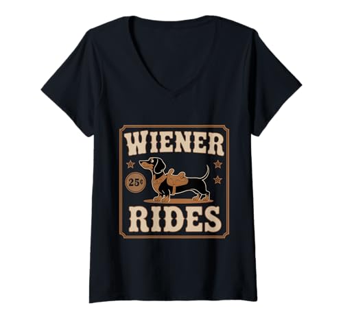 Damen Wiener Rides Funny Dackel Doxie Weiner Weenie Hundebesitzer T-Shirt mit V-Ausschnitt Damen Wiener Rides Funny Dackel Doxie Weiner Weenie Hundebesitzer T-Shirt mit V-Ausschnitt von Wiener Rides Funny Dachshund Doxie Weiner Weenie
