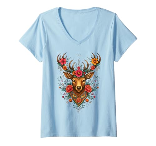 Damen traditionell Oktoberfest Damen fahrt Dirndl Deer Cute floral T-Shirt mit V-Ausschnitt von Wiesn Trachtenshirt Traditionell Oktoberfest Damen