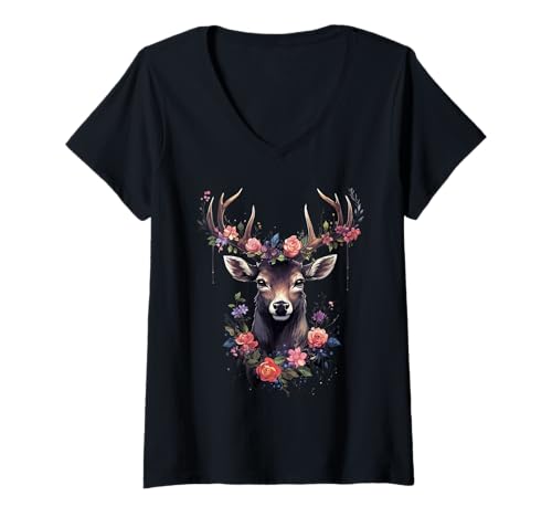 Damen Hirsch mit Rosen Blumen Trachtenhemd Trachten Dirndl Damen T-Shirt mit V-Ausschnitt von Wiesn Volksfest Damen Traditionell Tshirts