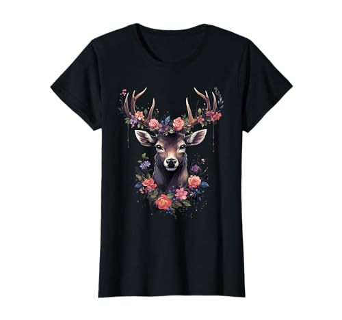 Hirsch mit Rosen Blumen Trachtenhemd Trachten Dirndl Damen T-Shirt von Wiesn Volksfest Damen Traditionell Tshirts