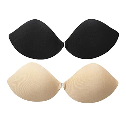 Wieysdoo 2 stück Klebe BH TräGerloser BH Push Up Unsichtbar BH RüCkenfrei Silikon BH Nippelpads,Beige/Schwarz,E von Wieysdoo