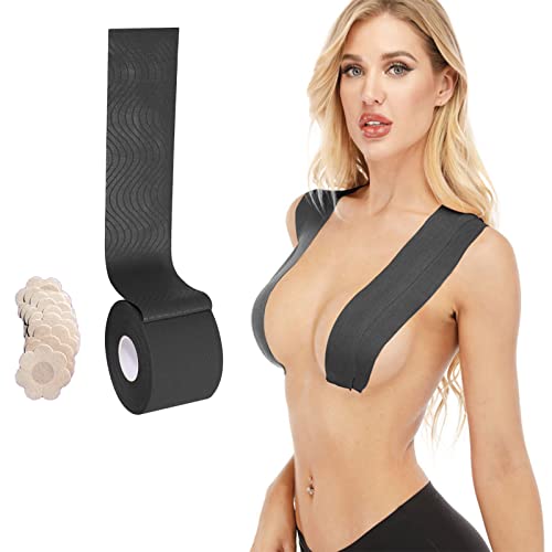 Wieysdoo Breast Busen Bob Boob Tape Klebeband BH Lift Up Unsichtbar Selbstklebend Push up Band Rückenfrei Trägerlos Brust Pasties Schwarz mit 5 Paar Nippel Abdeckungen von Wieysdoo