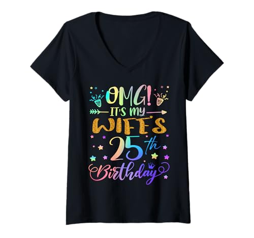 Damen OMG Es ist der 25. Geburtstag meiner Frau, Sweet, 25 Jahre alt T-Shirt mit V-Ausschnitt von Wife 25th Bday Tie Dye Husband