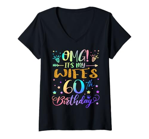 Damen OMG Es ist der 60. Geburtstag meiner Frau, Sweet, 60 Jahre alt T-Shirt mit V-Ausschnitt von Wife 60th Bday Tie Dye Husband