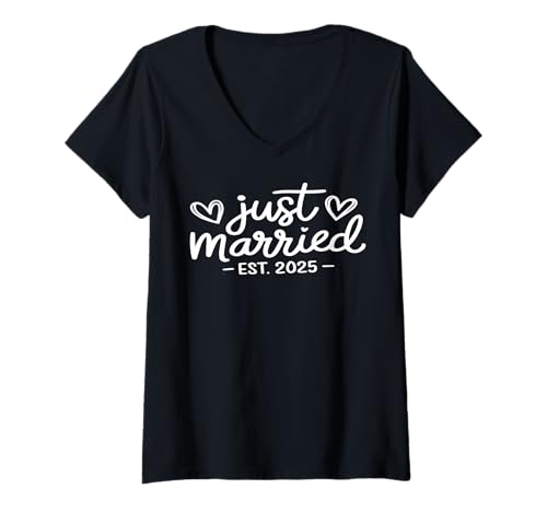 Damen Just Married 2025 Flitterwochen Hochzeit Paare Verlobte T-Shirt mit V-Ausschnitt Damen Just Married 2025 Flitterwochen Hochzeit Paare Verlobte T-Shirt mit V-Ausschnitt von Wife EST 2025Just Married Honeymoon Wedding