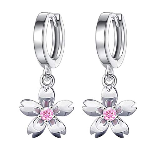 Wiftly 1 Paar ohrringe Ohrhänger Ohrstecker Ohrklemme 925 Sterling Silber niedlich Temperament Blume Anhänger mit Pink Zirkonia,Mode einfach Kirschblüten Blumen von Wiftly