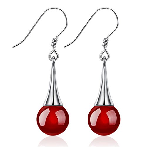 Wiftly Damen Elegant Ohrringe, Süße Temperament Weiblichen Ohrringe Natürliche Achat Stein Retro Quaste Silber Überzogene Lange Ohrringe, Rot, Weihnachten Valentinstag Hypoallergen von Wiftly