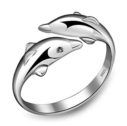 Wiftly Damen Mädchen-Ring 925 Sterling Silber Dopple Delphin Ewig Liebe Einfache Verstellbare Größe Offener Ring Band Ring Mode Zeigefinger Ring von Wiftly