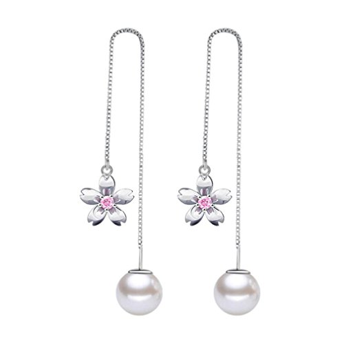 Wiftly Damen Ohrhänger Ohrringe， Durchzieher 925 Silber Lang Hängend Quaste Glänzend Natürlich Perlen Blumen Ohrringe Ohrringe rosa，Modeschmuck Geschenke für Weihnachten Geburtstag Hypoallergen von Wiftly