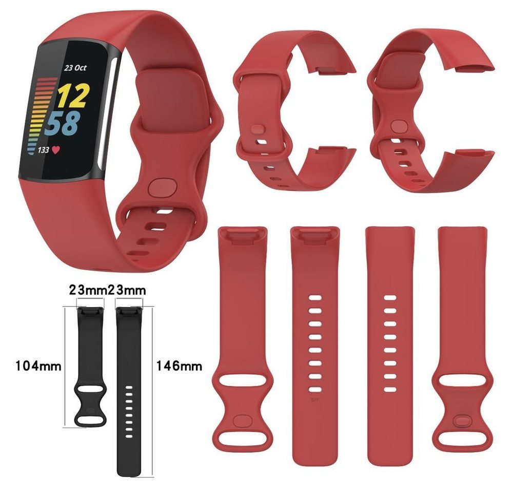 Wigento Smartwatch-Armband Für Fitbit Charge 6 / 5 Silikon Watch Armband Männer Größe L Rot von Wigento