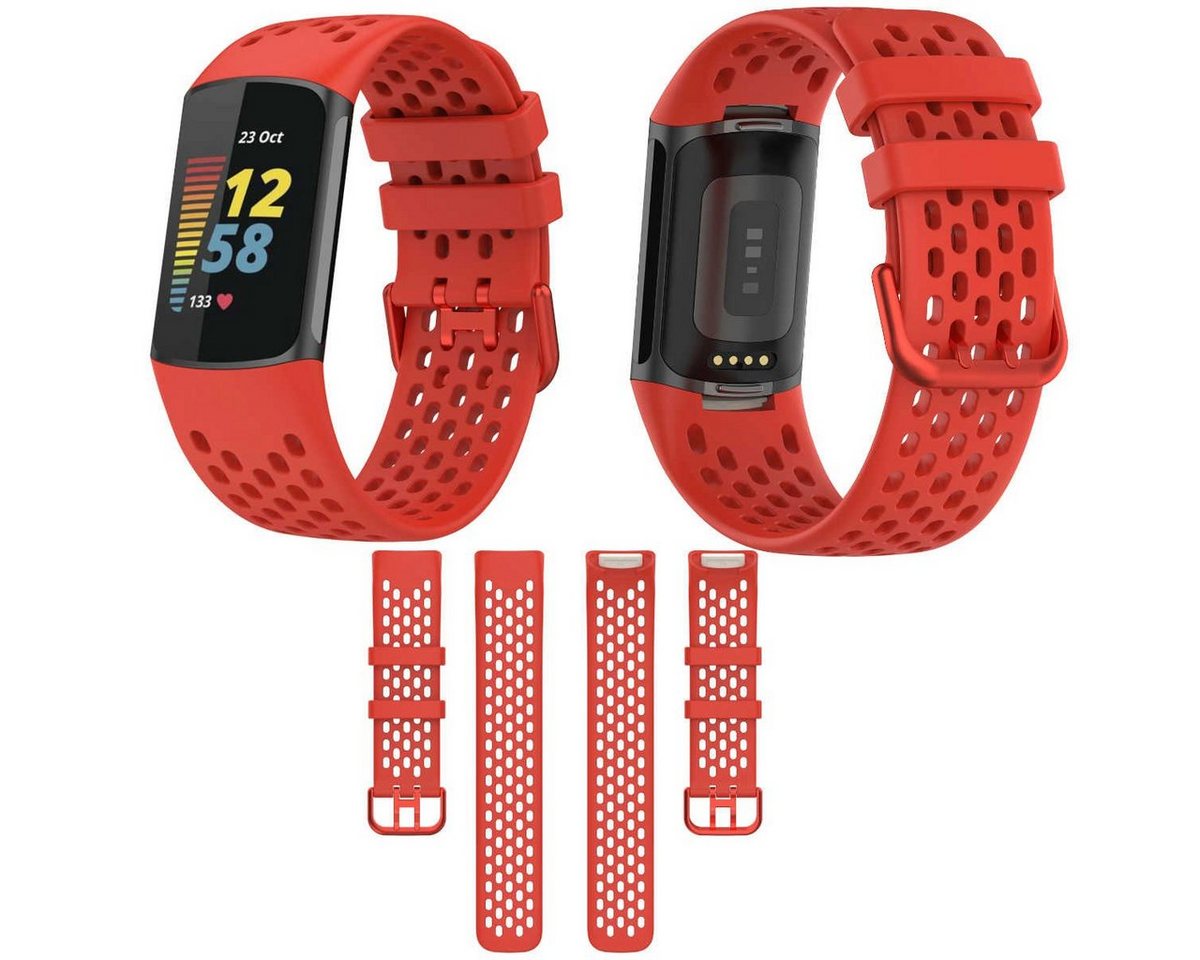 Wigento Smartwatch-Armband Für Fitbit Charge 6 / 5 Kunststoff Silikon Watch Smart Armband Rot von Wigento