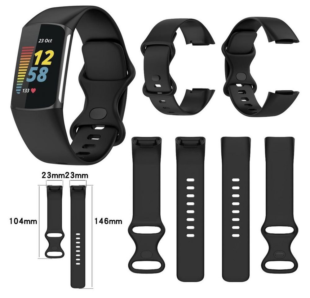 Wigento Smartwatch-Armband Für Fitbit Charge 6 / 5 Silikon Watch Armband Schwarz Männer Größe L von Wigento