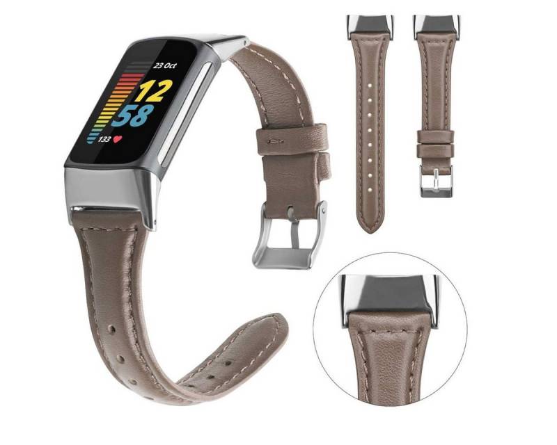 Wigento Smartwatch-Armband Für Fitbit Charge 6 / 5 Leder Watch Armband Frauen Größe S Dunkelbraun von Wigento