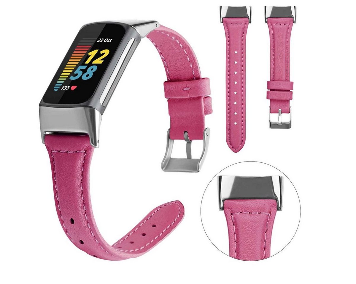 Wigento Smartwatch-Armband Für Fitbit Charge 6 / 5 Leder Watch Armband Männer Größe L Pink von Wigento