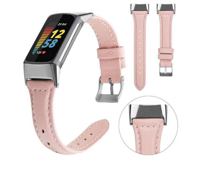 Wigento Smartwatch-Armband Für Fitbit Charge 6 / 5 Leder Sport Watch Armband Frauen Größe S Rosa von Wigento