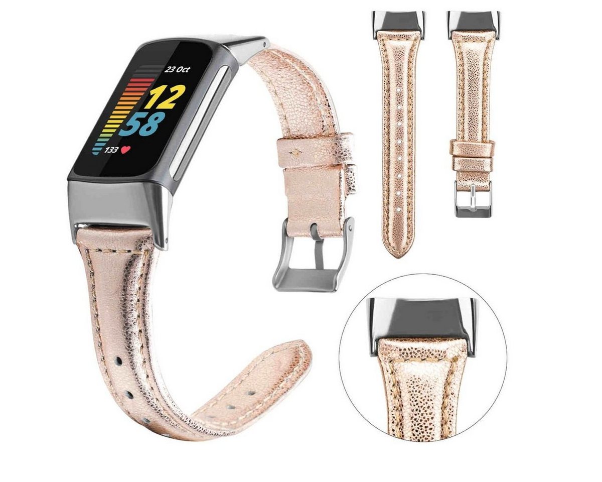 Wigento Smartwatch-Armband Für Fitbit Charge 6 / 5 Leder Watch Armband Männer Größe L Rose Gold von Wigento