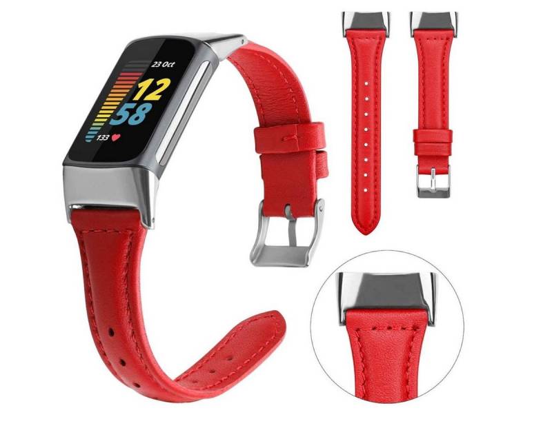 Wigento Smartwatch-Armband Für Fitbit Charge 6 / 5 Leder Sport Watch Armband Männer Größe L Rot von Wigento