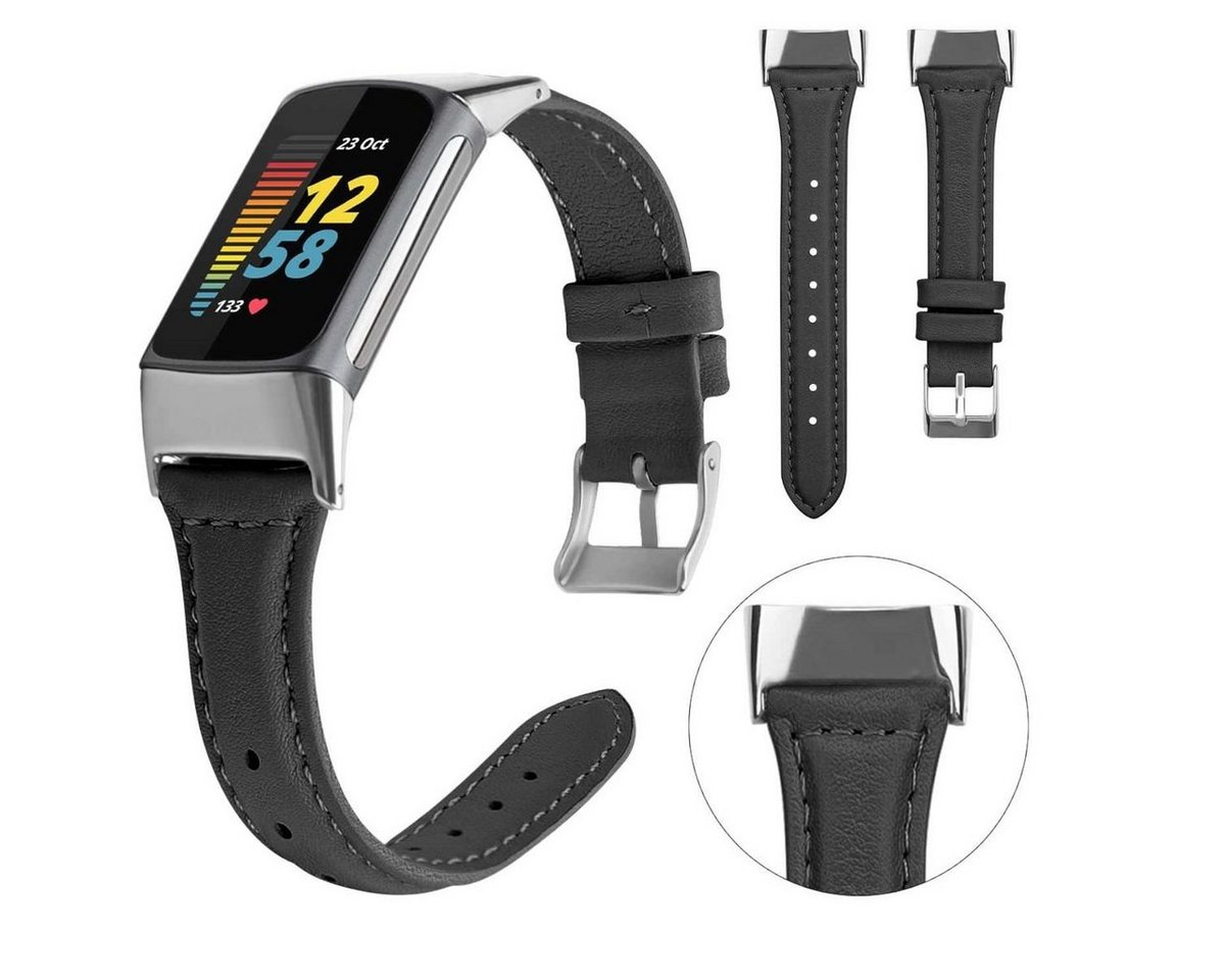 Wigento Smartwatch-Armband Für Fitbit Charge 6 / 5 Leder Watch Armband Männer Größe L Schwarz von Wigento