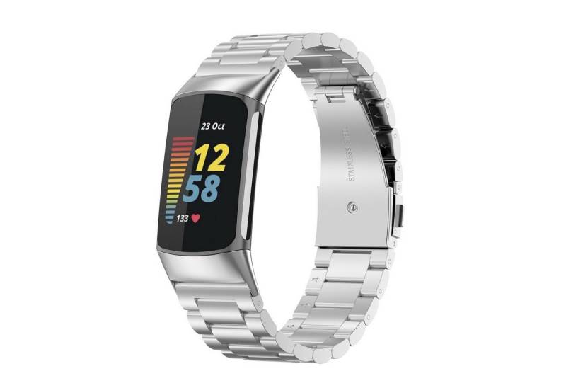 Wigento Smartwatch-Armband Für Fitbit Charge 6 / 5 Style Stahl Ersatz Armband Smart Uhr Silber von Wigento
