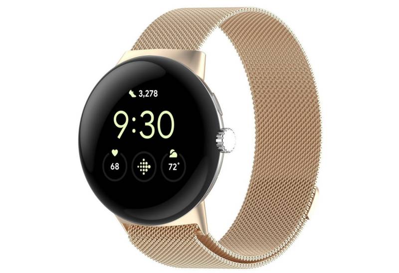 Wigento Smartwatch-Armband Für Google Pixel Watch 3 45mm Metall Mesh Magnetverschluss Band Gold, Milanaise Edelstahlarmband mit verstellbarem Magnetverschluss von Wigento