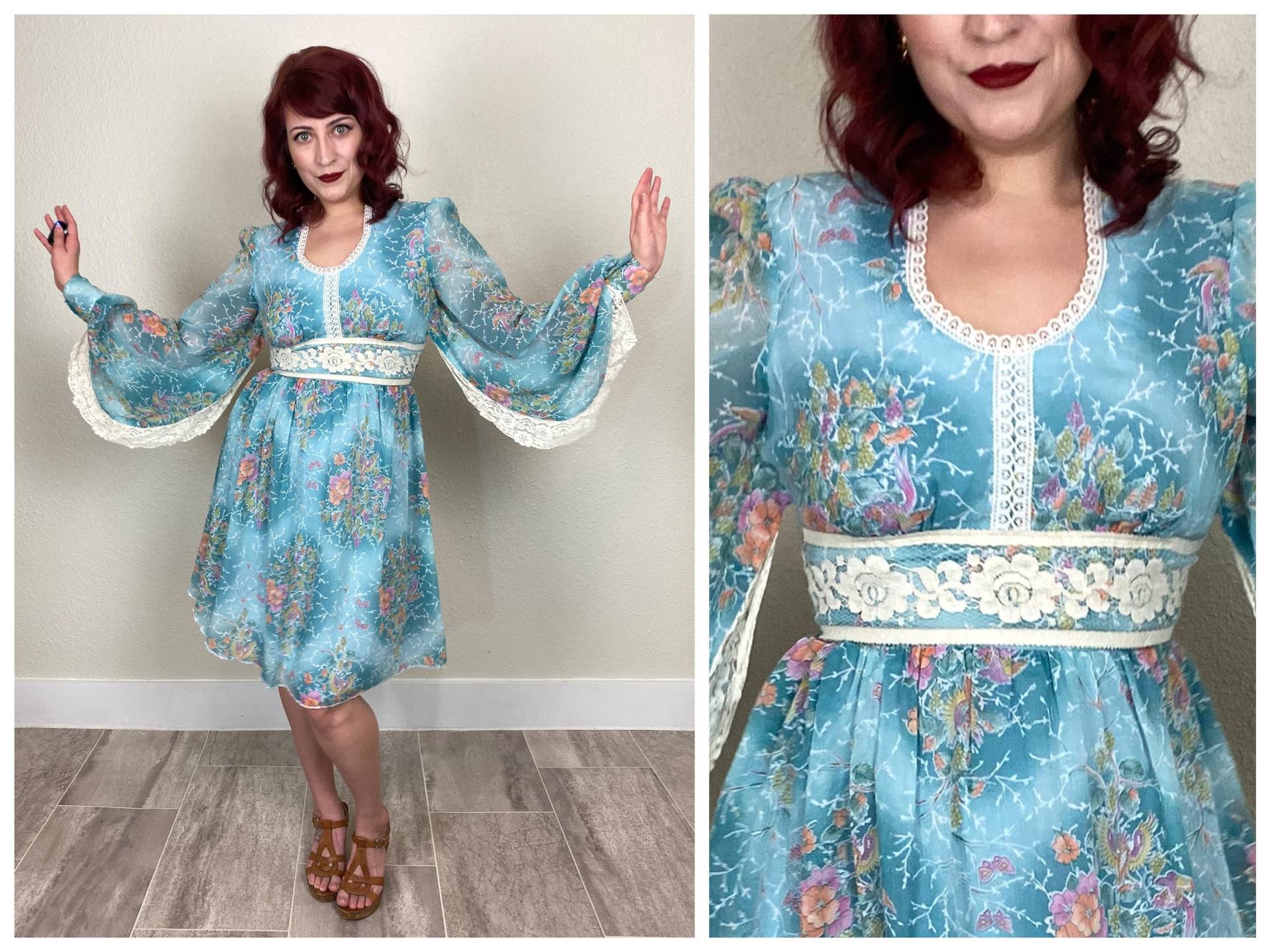 Größe S/M | Vintage 1970Er 70Er Blau Blumen Vogel Schmetterling Natur Print Langarm Engel Ärmel Cinched Handgelenke Kurze Prärie Kleid Spitze Detail von WiggleWarp