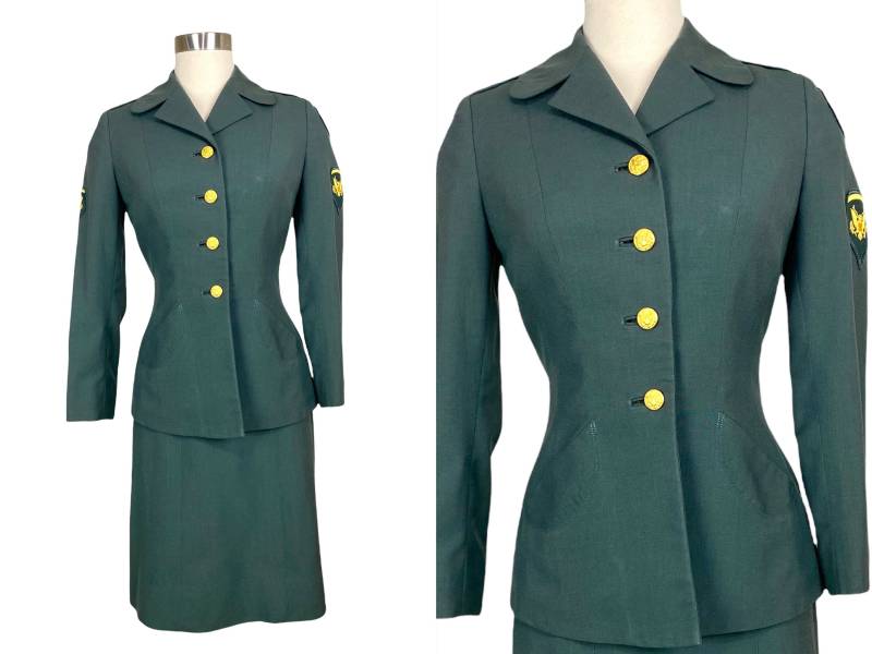 Größe Xs | Seltene Vintage 1970Er 70Er Jahre Ca. 1975-1976 Damen Militär Armee Wac Grüne Wolle Polyester Blend Ag344 Blazer Jacke Und Rock Anzug von WiggleWarp