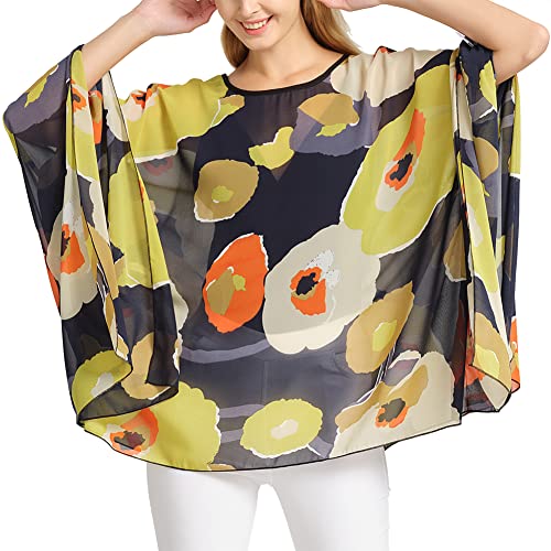 Damen-Poncho mit Fledermausärmeln aus Chiffon, locker, einfarbig, lang, durchsichtig, Farbige Blöcke, Einheitsgröße von Wiiiwish