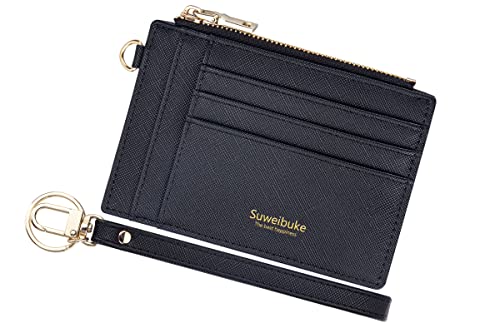 Schlankes Kreditkartenetui für Damen, RFID-blockierend, Handgelenk, Reißverschluss, Ausweishülle, Geldbörse, klein, kompakt, Ledergeldbörse mit Schlüsselanhänger, Schwarz A, Kleine modische Geldbörse von Wikavanli