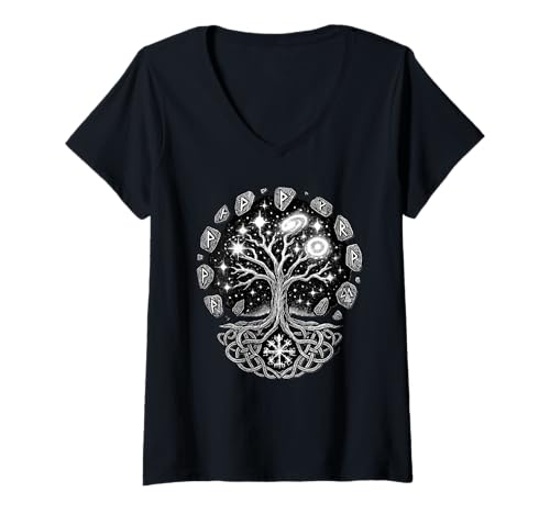 Damen Baum des Lebens - Lebensbaum Deko Wikinger T-Shirt mit V-Ausschnitt von Wikinger Kleidung Herren / Wikinger Kleidung Damen