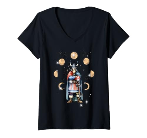 Damen Mondphase mystisch Wikinger Odin Heiden Männer Mann Frauen T-Shirt mit V-Ausschnitt Damen Mondphase mystisch Wikinger Odin Heiden Männer Mann Frauen T-Shirt mit V-Ausschnitt von Wikinger Mittelalter Frauen Männer