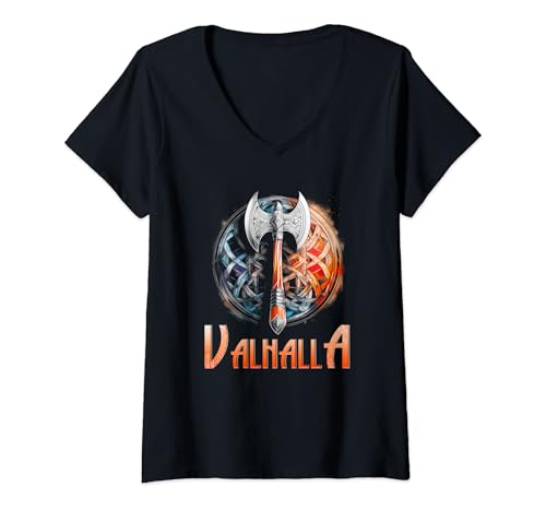 Damen Wikinger-Axt Wikinger Nordische Runen Nordmann Walhalla T-Shirt mit V-Ausschnitt Damen Wikinger-Axt Wikinger Nordische Runen Nordmann Walhalla T-Shirt mit V-Ausschnitt von Wikinger Nordische Mythologie Viking Walhalla Wolf