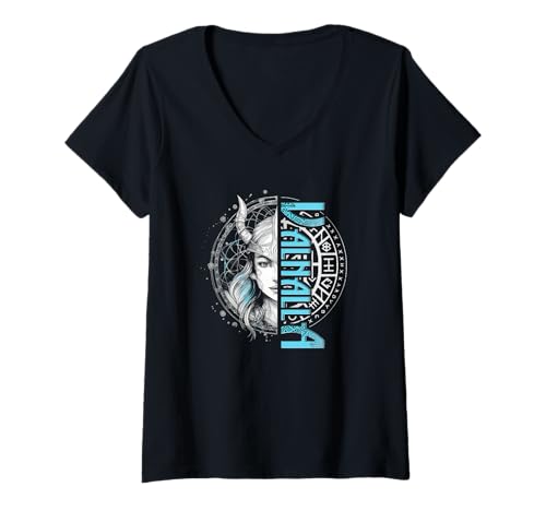 Damen Wikingerfrau Runen Walhalla Nordische Mythologie Vikings T-Shirt mit V-Ausschnitt Damen Wikingerfrau Runen Walhalla Nordische Mythologie Vikings T-Shirt mit V-Ausschnitt von Wikinger Nordische Mythologie Viking Walhalla Wolf