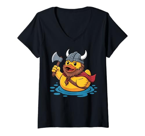 Damen Gummiente Wikinger Kostüm Niedlich Skandinavisch T-Shirt mit V-Ausschnitt Damen Gummiente Wikinger Kostüm Niedlich Skandinavisch T-Shirt mit V-Ausschnitt von Wikinger Quietscheentchen Nordische Kultur