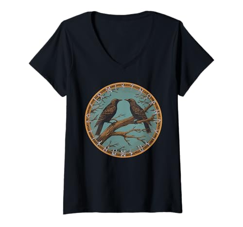 Damen Crow Illustration Raven Runen T-Shirt mit V-Ausschnitt Damen Crow Illustration Raven Runen T-Shirt mit V-Ausschnitt von Wikinger Raben Baum Design