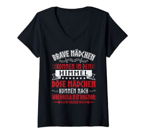 Damen Brave Mädchen kommen in den Himmel böse Mädchen Walhalla T-Shirt mit V-Ausschnitt Damen Brave Mädchen kommen in den Himmel böse Mädchen Walhalla T-Shirt mit V-Ausschnitt von Wikinger Ragnar Odin