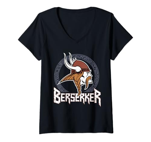 Damen Norse Mythologie Berserker Wikinger Helm T-Shirt mit V-Ausschnitt von Wikinger Schildmaid Design Co.